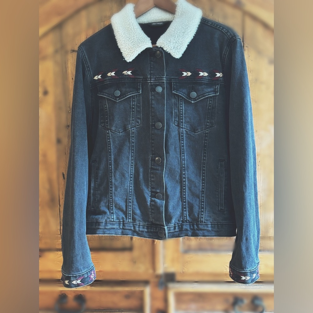 Free People x Driftwood Charcoal Denim Jacket - Aztec Embroidery - Size XL NWOT - Picture 11 of 13